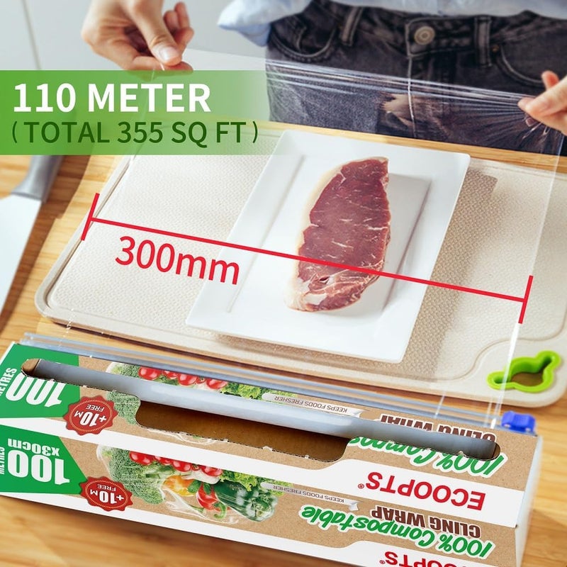 ECOOPTS 100% Compostable Plastic Cling Wrap Dispenser With Slide Cutter 12 inch Food Service Cling Film Wrap Roll - 12" x 360 Ft ECO friendly Food Wrap(The Slide Cutter stored in The Inner core of The roll) - Image 3